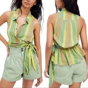 Free People Mackenzie Sleeveless Blouse Striped Wrap Boho Shirt Green Small